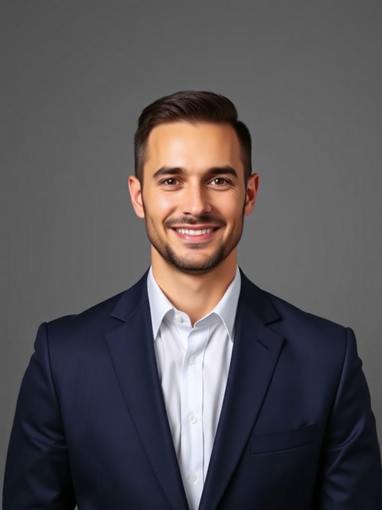 The same person restyled as a polished corporate headshot in a navy suit.