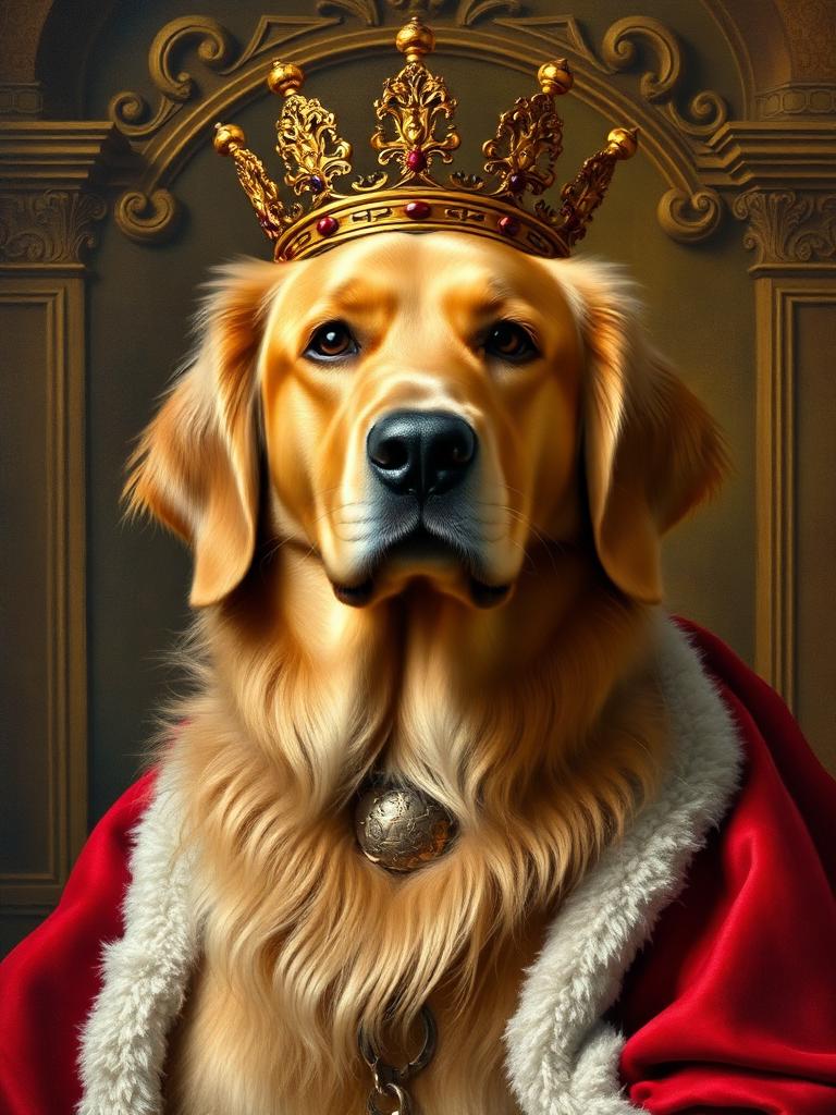 The same dog restyled as a Renaissance oil painting wearing a crown and royal robe.